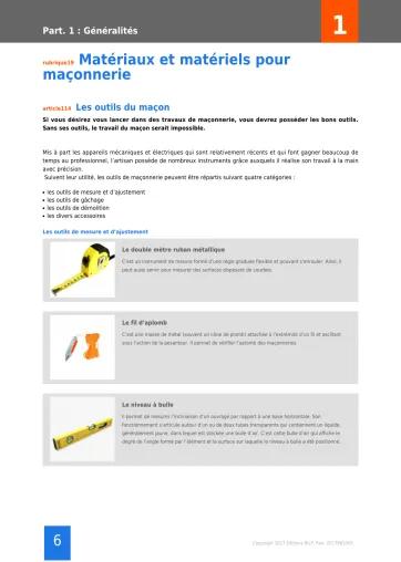 Extrait de la rubrique matériaux et matériels pour maçonnerie