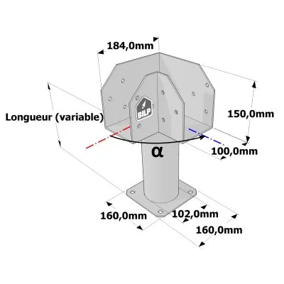 Poteau structurel OSP - D102mm - Platine haute en L 100x184x150mm - Embase en angle 160x160mm