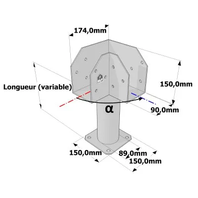 Poteau structurel OSP - D89mm - Platine haute en L 90x174x150mm - Embase 150x150mm