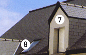 7- lucarne (chien assis) / 8- fenêtre de toit (chassis)